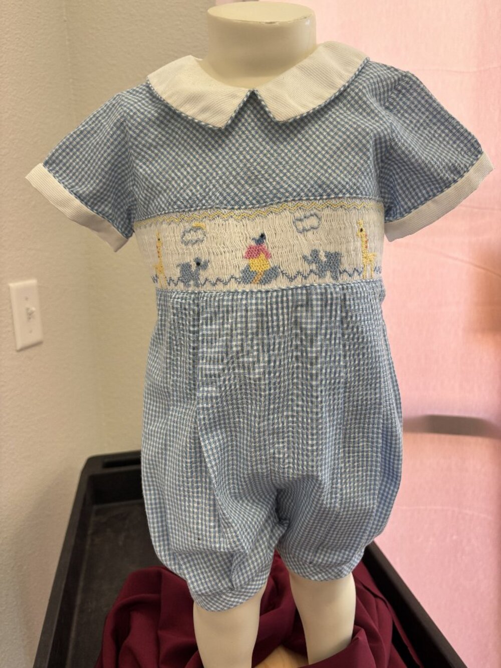 Royal Child 6M Blue Gingham Hand-Smocked Bubble Romper Elephant Giraffe